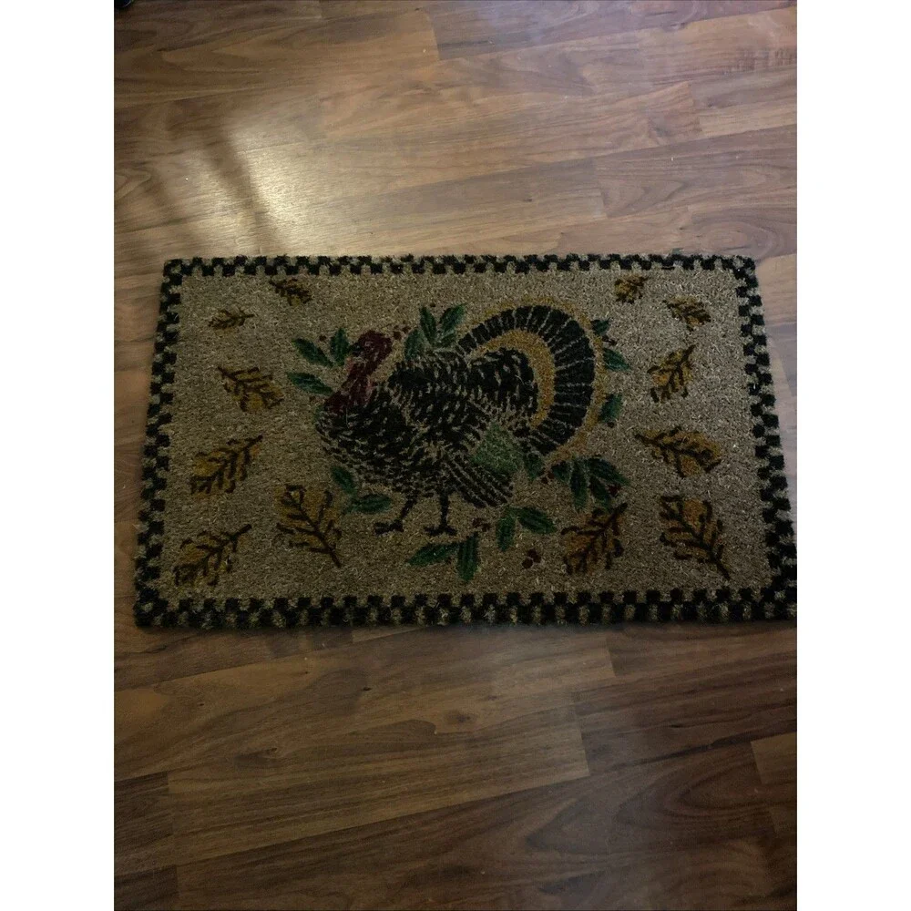 Thanksgiving Autumn Turkey Coir Hair Country Plaid Border Doormat 18”x30”